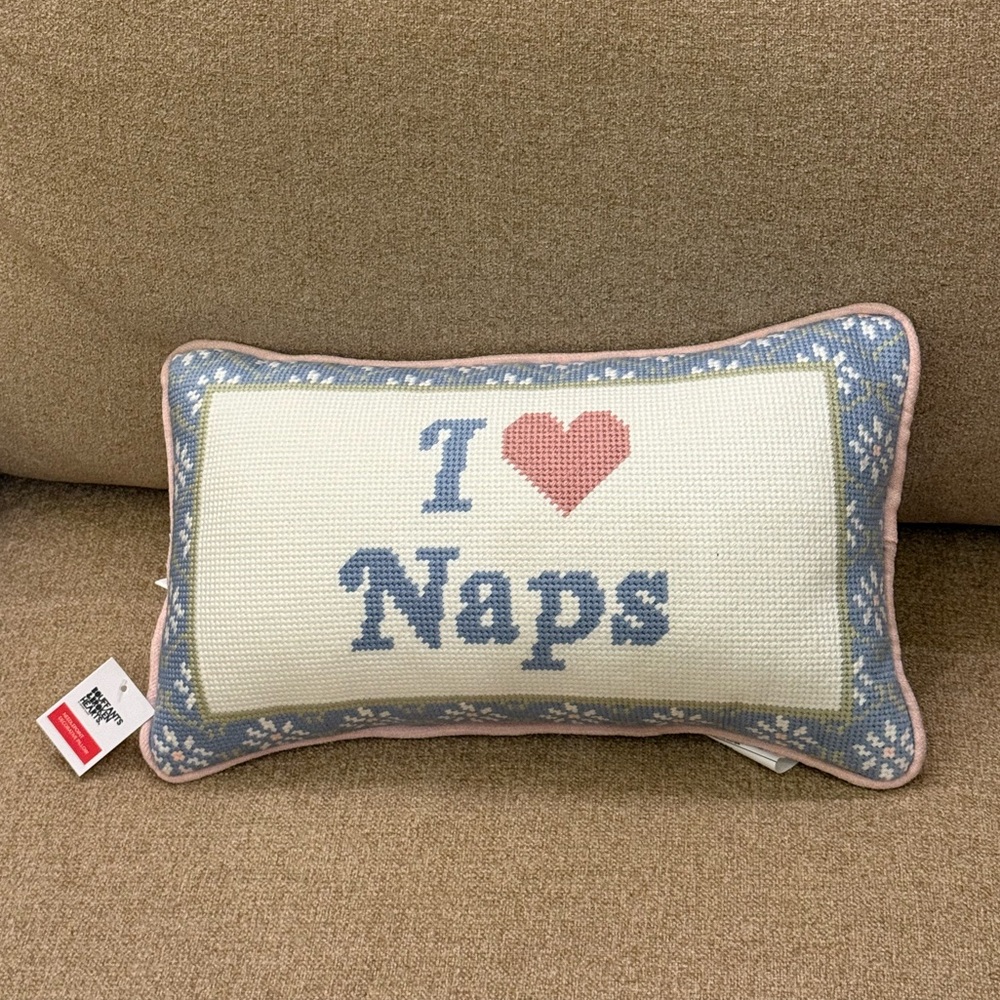 I Heart Love Naps Nap Bouffants and Broken Hearts Needlepoint Pillow NWT
